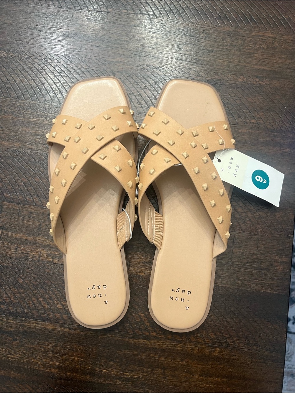 a new day Tan Studded Crisscross Slide Sandals